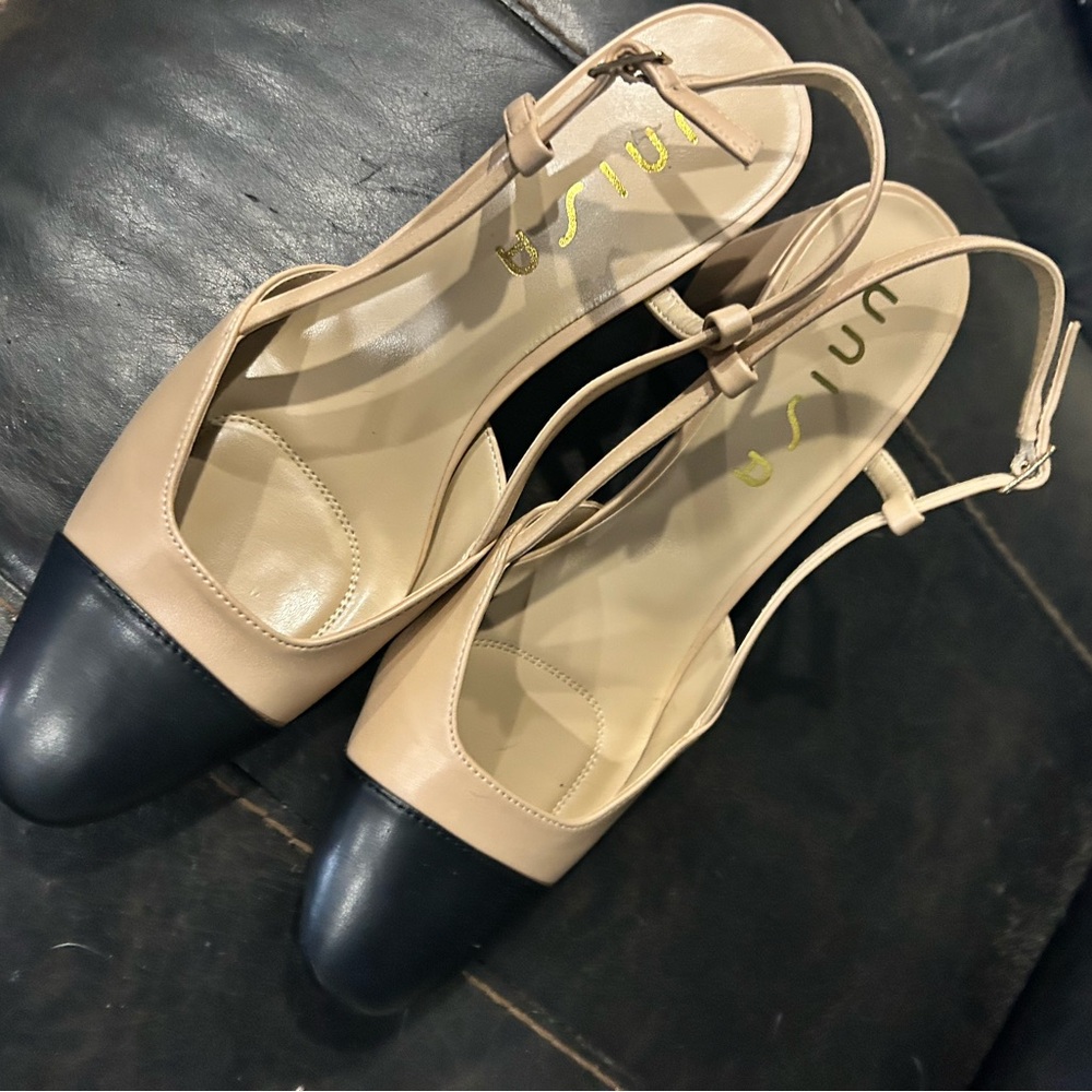 Elegant Beige and Black Slingback Heels